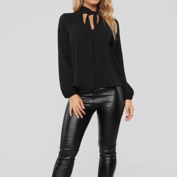 Fashion Nova Tie Neck Blouse Black - Picture 2 of 7